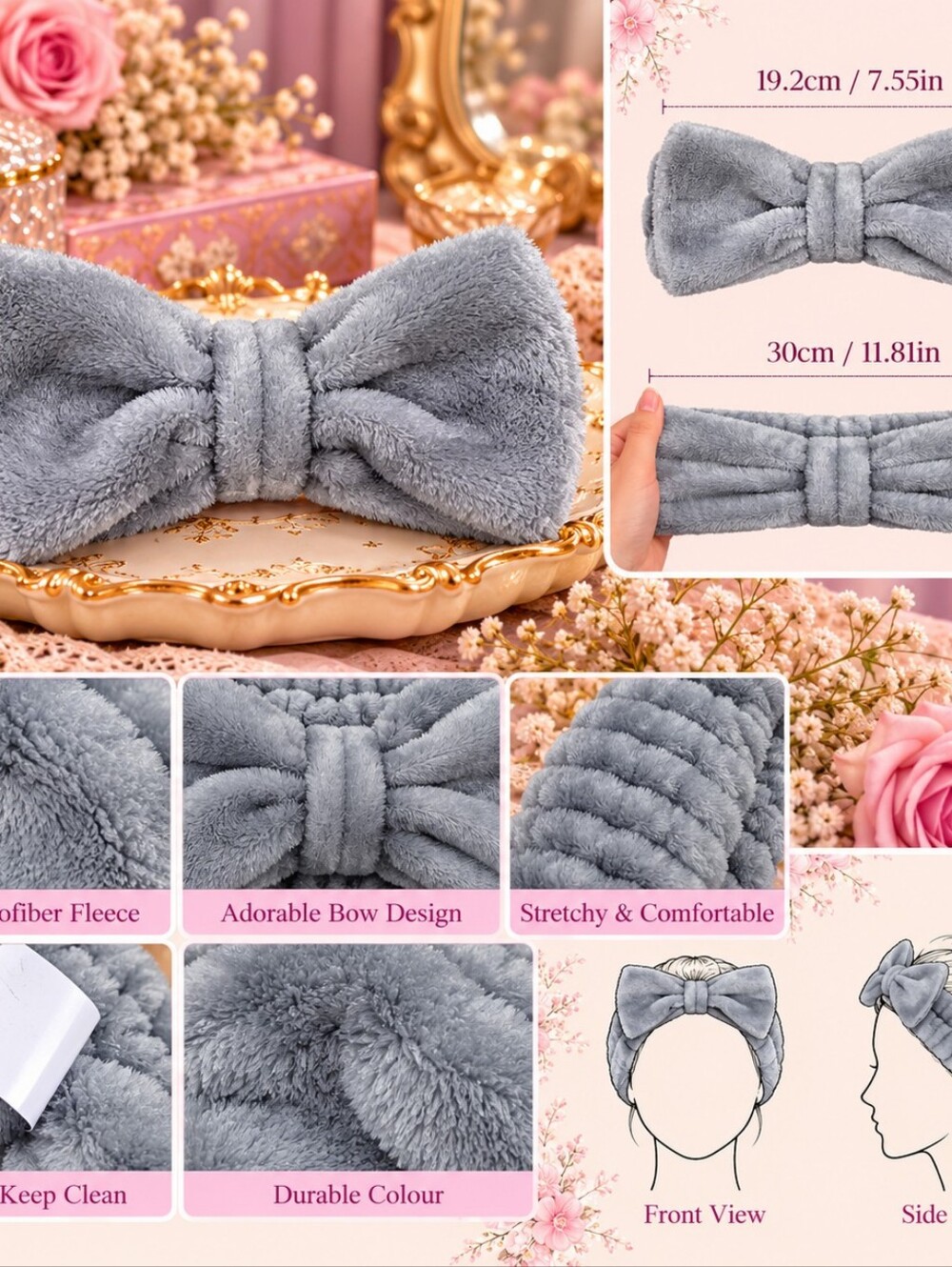 Grey Plush Bow Spa Headband | Soft Stretch Makeup & Skincare Hairband